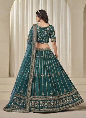 teal Embroidered Sequins Work Art Silk Lehenga Choli 2