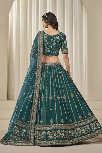 teal Embroidered Sequins Work Art Silk Lehenga Choli