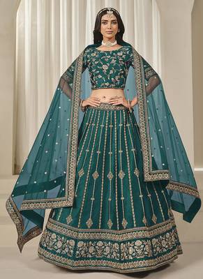 teal Embroidered Sequins Work Art Silk Lehenga Choli 3