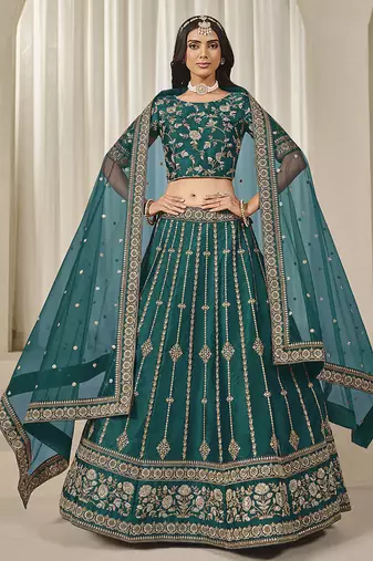 teal Embroidered Sequins Work Art Silk Lehenga Choli