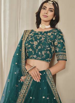 teal Embroidered Sequins Work Art Silk Lehenga Choli 4