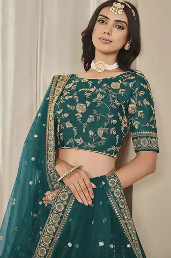 teal Embroidered Sequins Work Art Silk Lehenga Choli