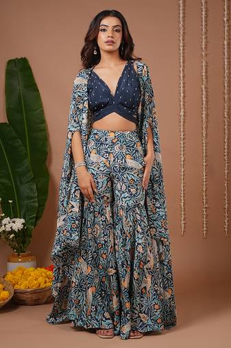 Navy blue floral printed crepe sharara set