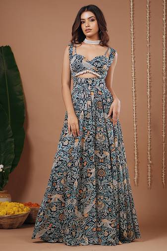 Navy blue floral printed georgette dress