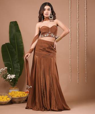 Brown plain crepe skirt set 1