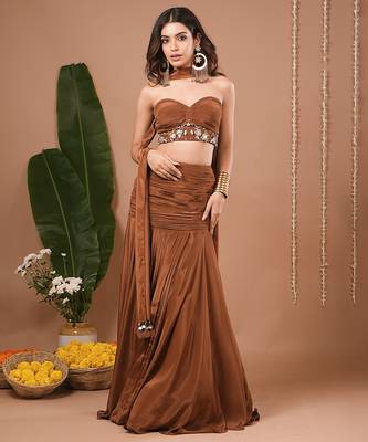 Brown plain crepe skirt set 2