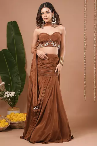 Brown plain crepe skirt set