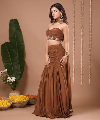 Brown plain crepe skirt set 4
