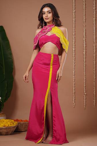 Rani-pink plain crepe skirt set
