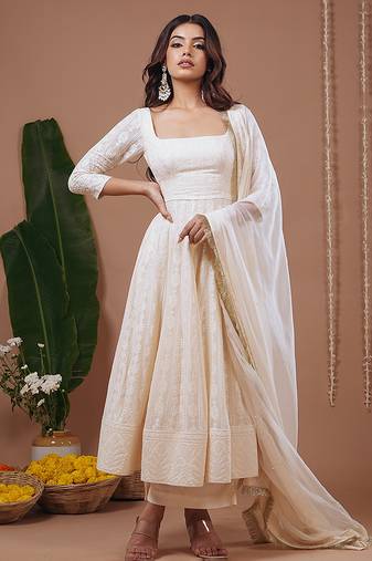 Ivory plain chiffon anarkali