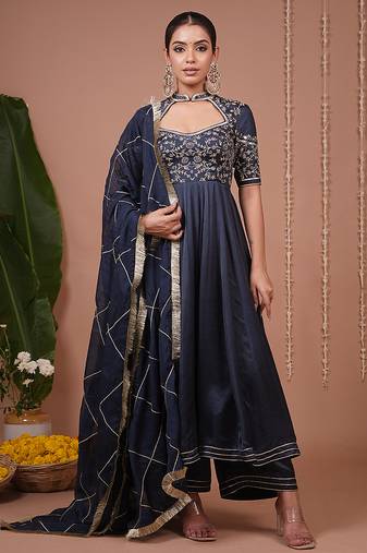Navy blue floral printed satin anarkali