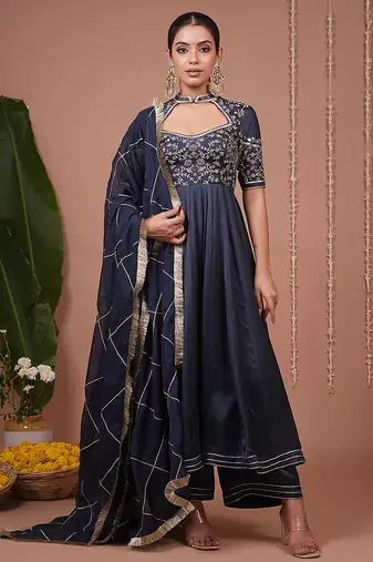 Navy blue floral printed satin anarkali