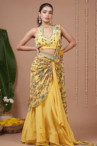 Yellow floral printed crepe pre draped saree