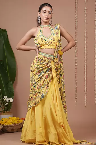 Yellow floral printed crepe pre draped saree