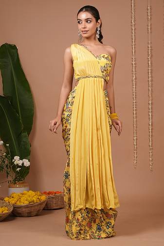 Yellow floral printed crepe pre draped saree