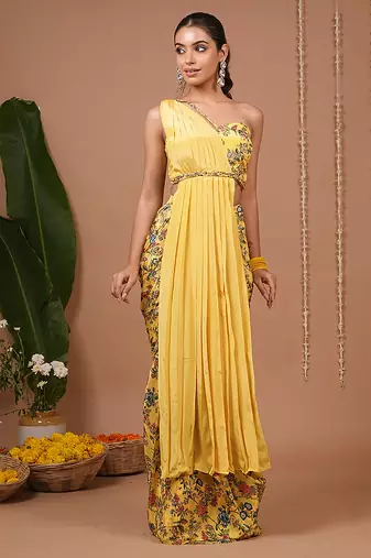 Yellow floral printed crepe pre draped saree