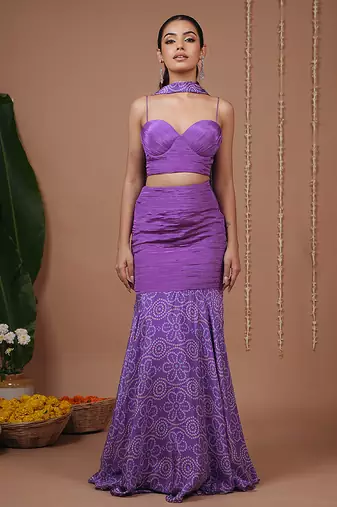 Purple floral printed crepe skirt set