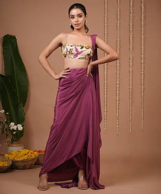 Purple plain crepe pre draped saree 1