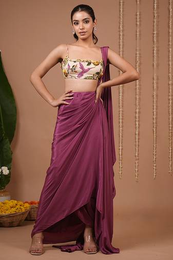 Purple plain crepe pre draped saree