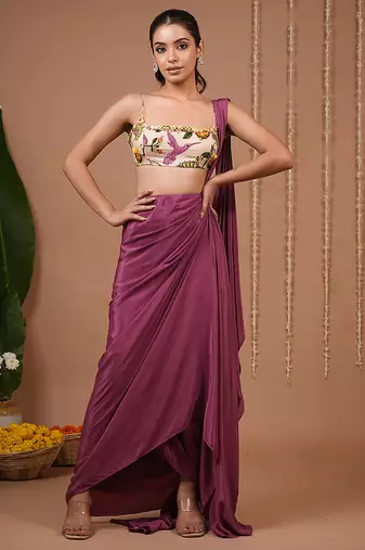 Purple plain crepe pre draped saree