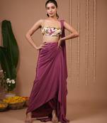 Purple plain crepe pre draped saree