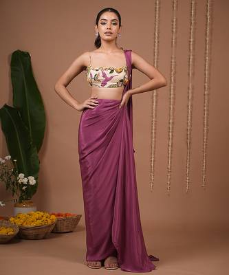 Purple plain crepe pre draped saree 2