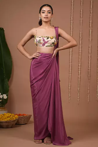 Purple plain crepe pre draped saree