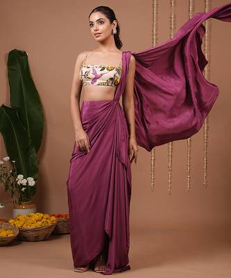 Purple plain crepe pre draped saree 3