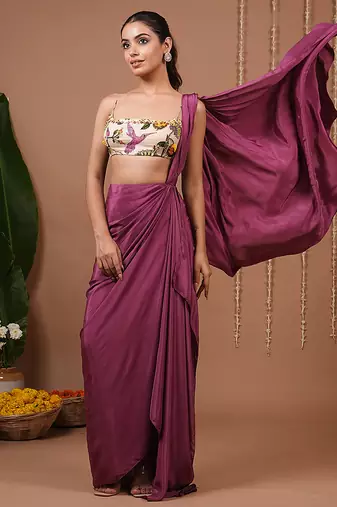 Purple plain crepe pre draped saree