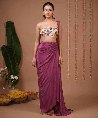 Purple plain crepe pre draped saree 4