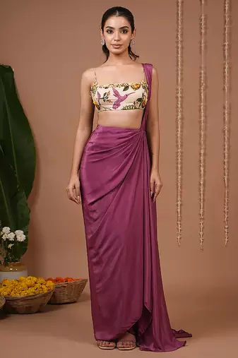 Purple plain crepe pre draped saree