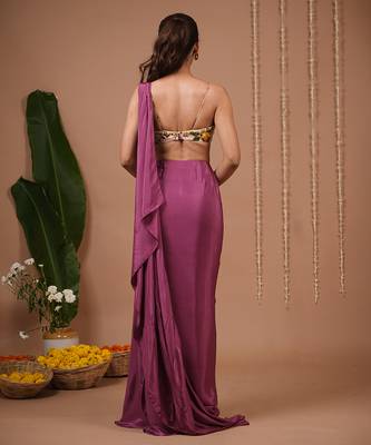 Purple plain crepe pre draped saree 5