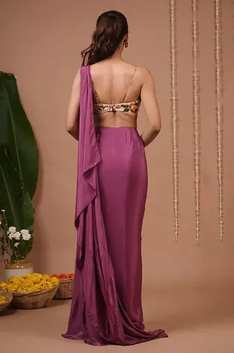 Purple plain crepe pre draped saree