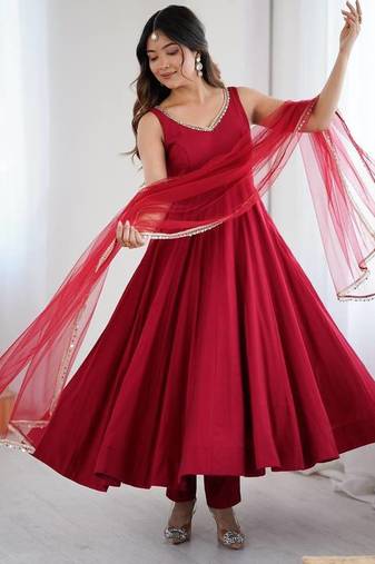 Maroon color pure roman silk mirror lace party wear gown