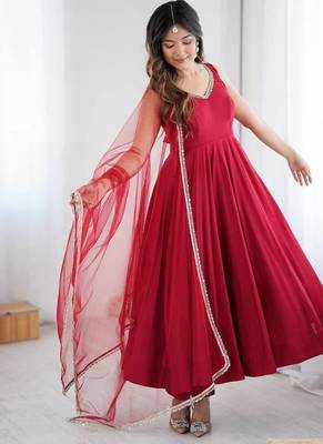Maroon pure roman silk mirror lace party wear gown 3
