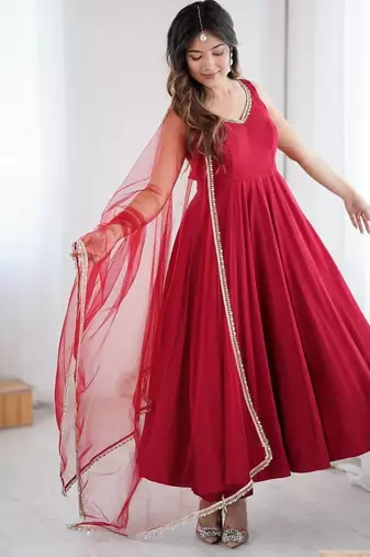 Maroon pure roman silk mirror lace party wear gown
