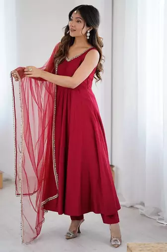 Maroon pure roman silk mirror lace party wear gown