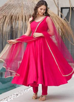 Pink pure roman silk mirror lace party wear gown 1