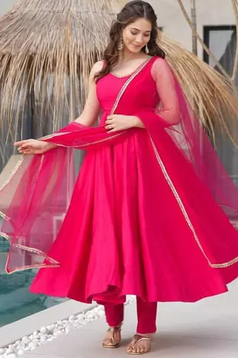 Pink color pure roman silk mirror lace party wear gown
