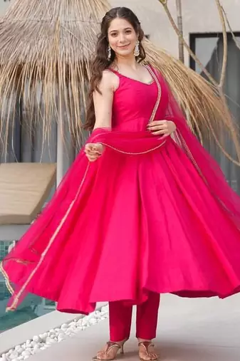 Pink pure roman silk mirror lace party wear gown