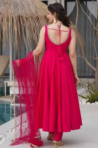 Pink pure roman silk mirror lace party wear gown