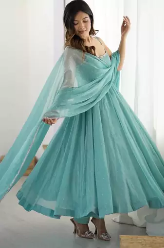 Sky color crunchy silk serosky work party wear gown