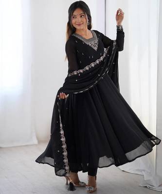 Black pure soft georgette embroidery work gown 1