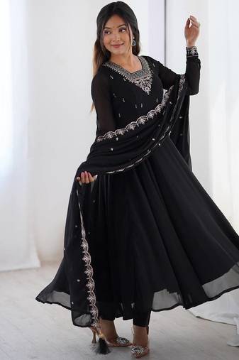 Black color pure soft georgette embroidery work gown