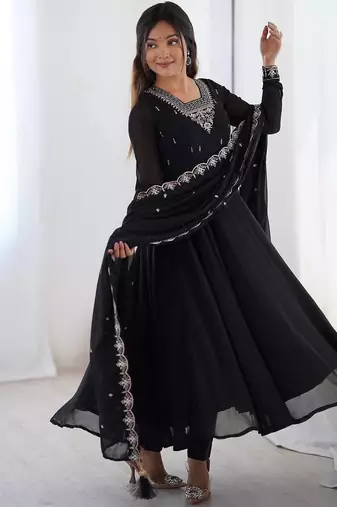 Black color pure soft georgette embroidery work gown