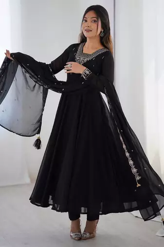 Black pure soft georgette embroidery work gown
