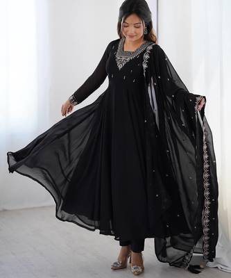 Black pure soft georgette embroidery work gown 3