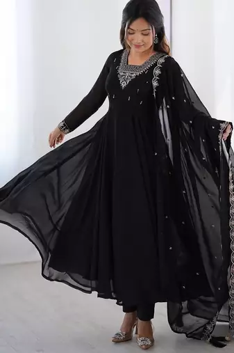 Black pure soft georgette embroidery work gown