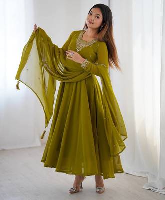 Mahendi green pure soft georgette embroidery work gown 1