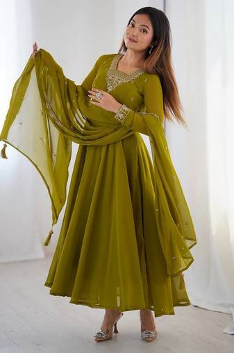 Mahendi green color pure soft georgette embroidery work gown